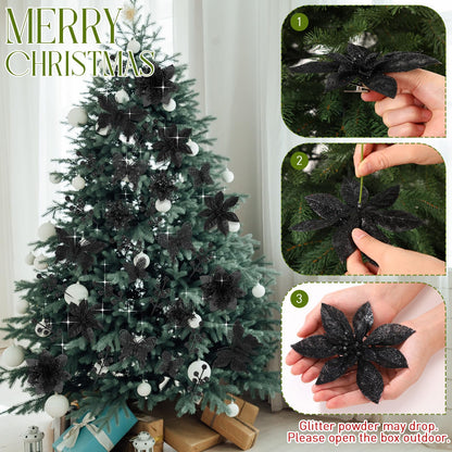 Thiccywoov 122 Pcs Christmas Glitter Poinsettia Artificial Flowers Berry Picks Butterfly Christmas Tree Ornaments 3 Styles Poinsettia kit with Clip for Xmas Wreath Home Tree Decor(Black)
