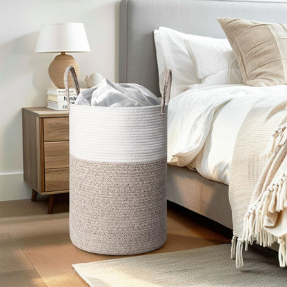 WILLITAT Large Woven Laundry Basket, 15”x18” Tall Blanket Basket Living Room, Cotton Rope Hamper for Bedroom Aesthetic, Baby Nursery, Wicker Hamper for Dirty Clothes, Kids Toy Laundry Storage Bin
