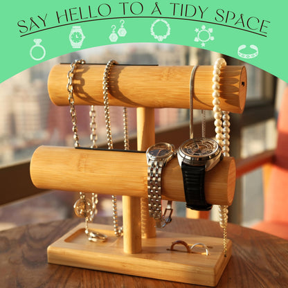 LED Bamboo Jewelry Organizer Stand - Bracelet Holder, Jewelry Organizers and Storage for Necklace, Watch, Earring, Ring - Built-in LED Light Natural Wooden Jewelry Display Stand for Dresser Decor