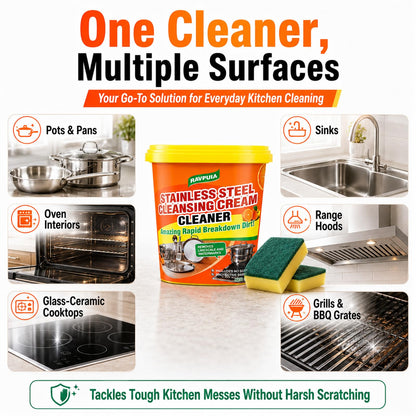STAINLESS STEEL CLEANER & POLISH - Heavy Duty Cleaning Paste for Stove, Oven, Pans, Cookware, Sink | All Purpose Multi-Purpose Household Cleaner | Removes Grease & Stains | with 2 Sponges (500g)