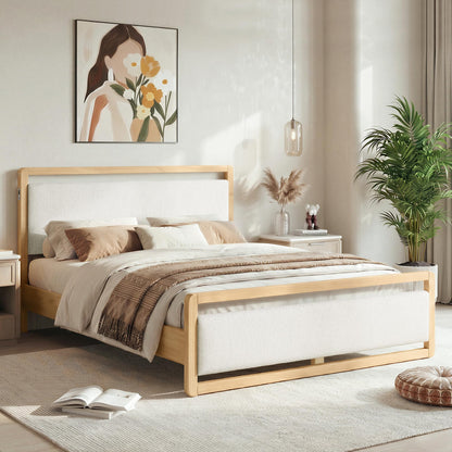 KISLOT Queen Wood Platform Bed Frame with Boucle Upholstered Headboard, Mid-Century Modern Bed with USB Charging Station, Solid Wood Slat Support, Noise-Free, No Box Spring Needed, Natural