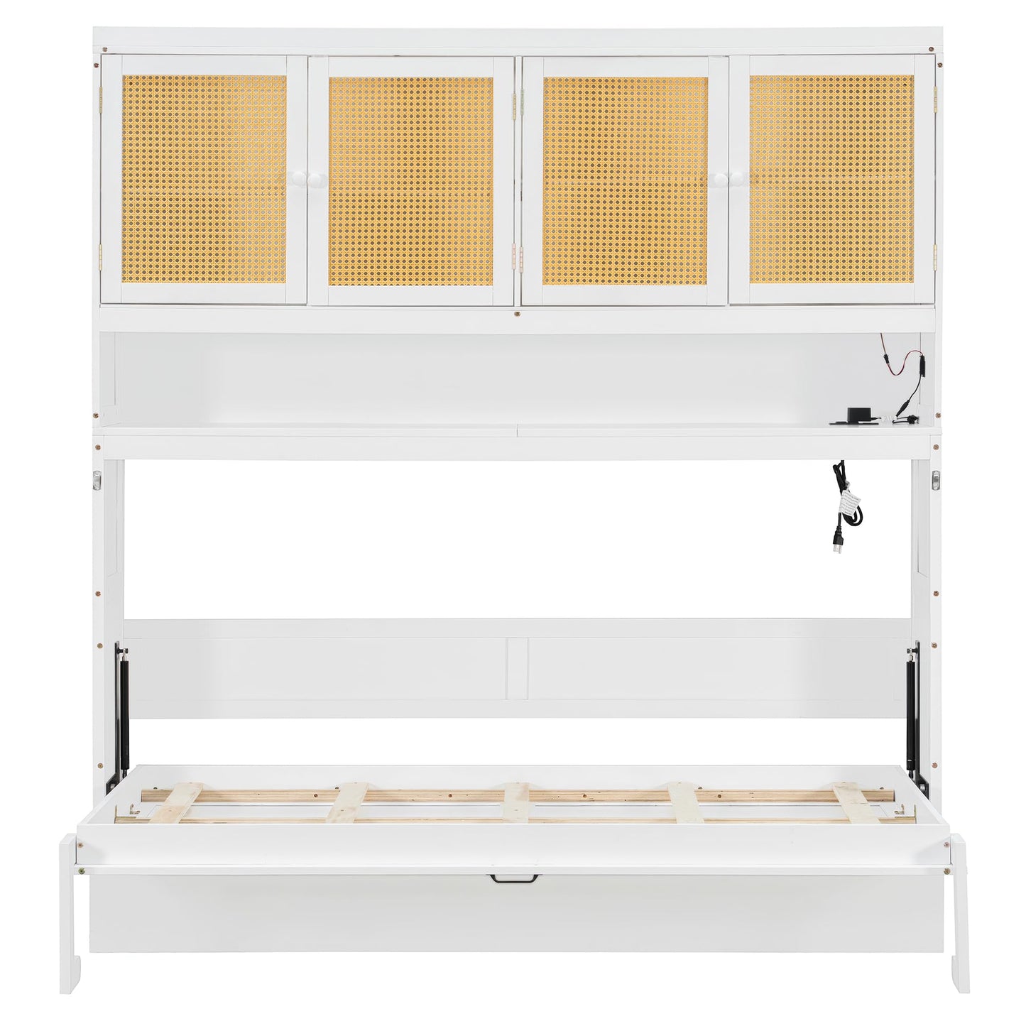 Merax Twin Murphy Bed Frame with Top Cabinet, Multi Storage Shelves & 4 Ratten Doors, 2-in-1 Bed Desk Space Saving Foldable Wall Bed with Light & USB Charging Ports, White