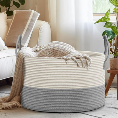 noonkty Blanket Basket Living Room - Toy Storage Basket, 21.7" X 21.7" X 13.8" XXL Cotton Rope Woven Laundry Baskets with Handles, Large Baskets for Storage Nursery Hamper