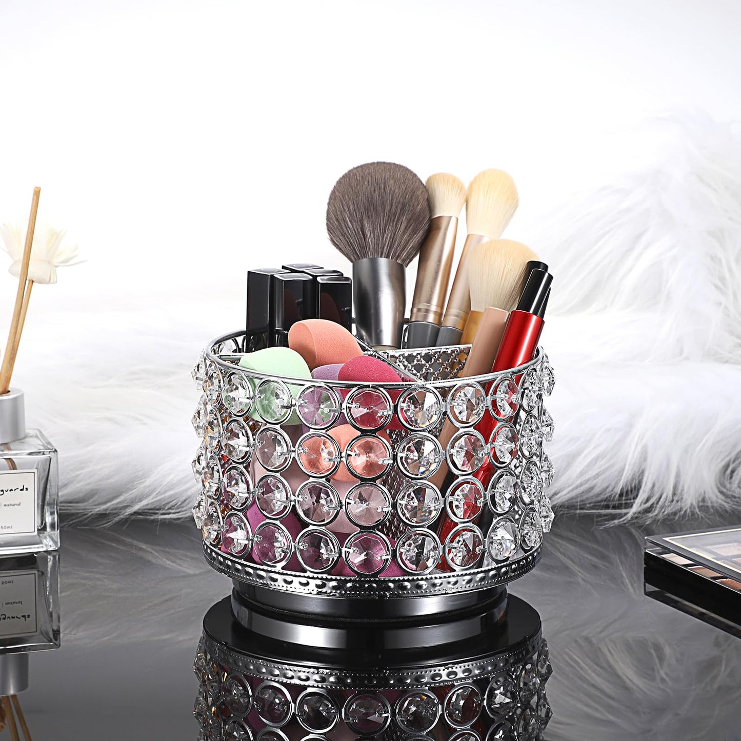 Hipiwe Crystal Vanity Organizer Makeup Brush Holder- 360 Rotating Cosmetic Brushes Display Organizers Spinning Remote Control Holder Bathroom Storage Organizer for Eyebrow Pen Pencil,Silver 4-Slot