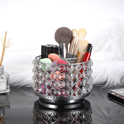 Hipiwe Crystal Vanity Organizer Makeup Brush Holder- 360 Rotating Cosmetic Brushes Display Organizers Spinning Remote Control Holder Bathroom Storage Organizer for Eyebrow Pen Pencil,Silver 4-Slot