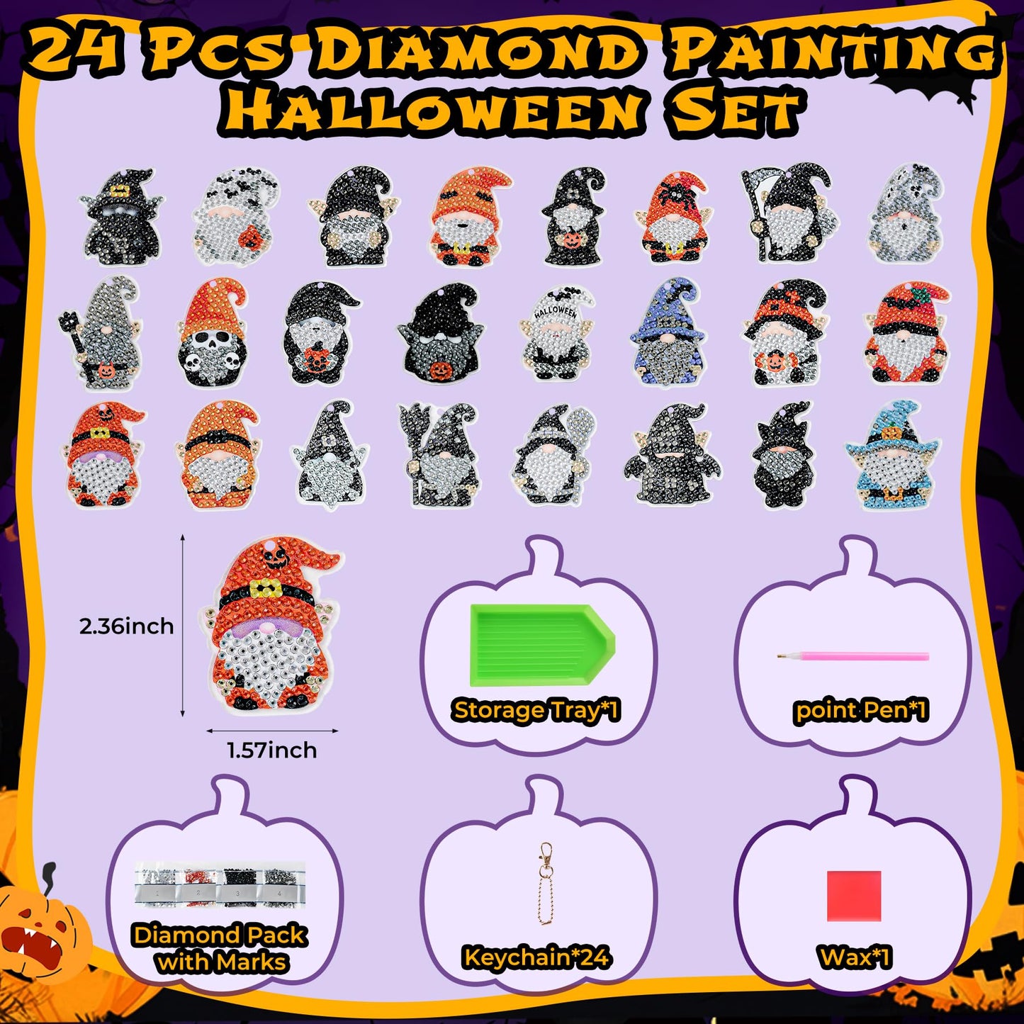 Halloween Diamond Painting Advent Calendar 2026, Unique Gnomes Advent Calendar 24 Days, DIY Crafts Diamond Art Calendar, Keychains, Trick or Treat, Surprise Halloween Gifts for Girls, Kids, Women, Adult (Purple Box)