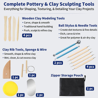 KMSUPERB Pottery Tools Kit with BatMate, 27PCS Clay Sculpting Tools Set, 12" Anti-Slip Pottery Wheel Bat Mat for Ceramics, Polymer Clay, Shaping, Trimming & Carving