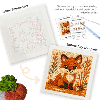 SDOYUNO Punch Needle Kit with Frame for Adults Beginners Kits 9.84 x 9.84 Inch Embroidery Starter Kits Punch Needle Kit with Fox Pattern, Threader, Yarns, Rug Punch, DIY Craft Kits (Brown)