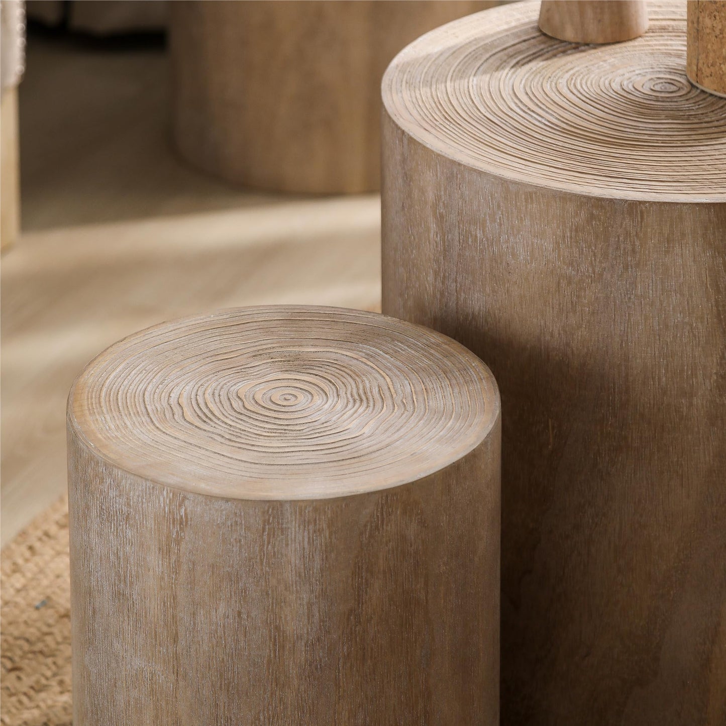 KEIKI Round Coffee Table Set of 3, Modern Wood Nesting Coffee Table with Tree Rings Texture for Living Room, Natural