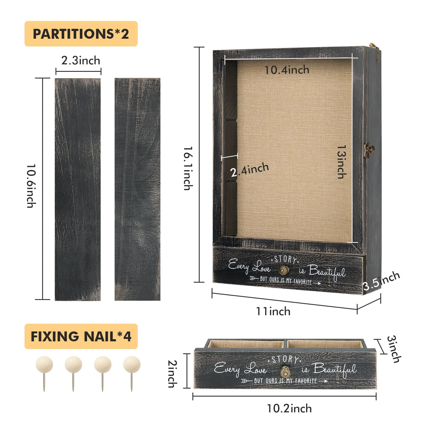 AW BRIDAL 11X16 Large Shadow Box Picture Frames Deep Shadow Boxes Display Cases with Removable Shelves and Drawers, Black Wooden Memory Boxes for Keepsakes with Slot Ideas