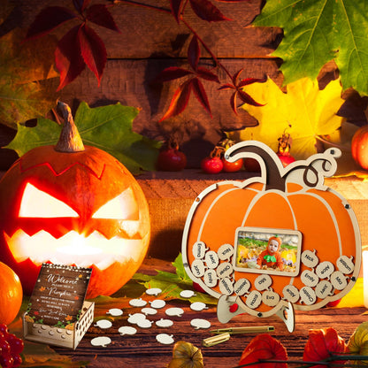 Thyle 63 Pcs Pumpkin Baby Shower Guest Book Fall Halloween Pumpkin Baby Shower Decorations with Photo Frame Sonogram Frame Keepsake Alternatives 60 Wood Slices Set, Autumn Thanksgiving Party Favors