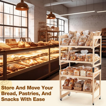 AceOrbit 55" x 30" x 18" 4 Tier Wood Bakery Bread Rack with Angled Shelves Bread Fruit Vegetable Display Shelf Stand for Shop, Pantry, Office, Grocery, Supermarket, Kitchen Organizer