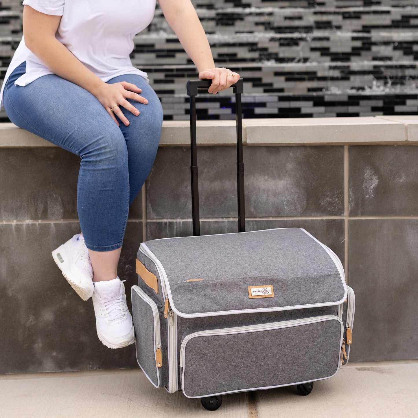 Everything Mary XL Rolling Sewing Machine Case – Heather Grey Craft Bag with 4 Wheels – Collapsible Organizer Compatible with Brother, Singer & Most Sewing Machines