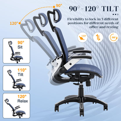 GABRYLLY Ergonomic Office Chair, High Back Mesh Desk Chair with Adjustable Headrest, Flip-Up Arms, 90-120° Tilt Lock, Lumbar Support and Comfy Seat, Swivel Computer Task Chair, Blue