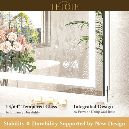TETOTE 55 x 30 LED Bathroom Mirror with Frontlit and Backlit, Brighter Light up Bathroom Vanity Mirror with Lights, 3-Color Dimmable Lighted Vanity Anti Fog Mirror, Waterproof, Shatterproof