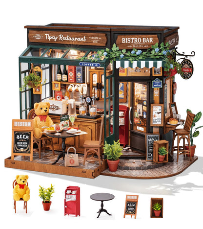 Rolife DIY Miniature House Kit 1:18 Coffe&Bar Dollhouse Diorama Model, Build Mini House Building Kit with LED Light Hobby Crafts for Adults Gift for Him Her (Tipsy Restaurant)