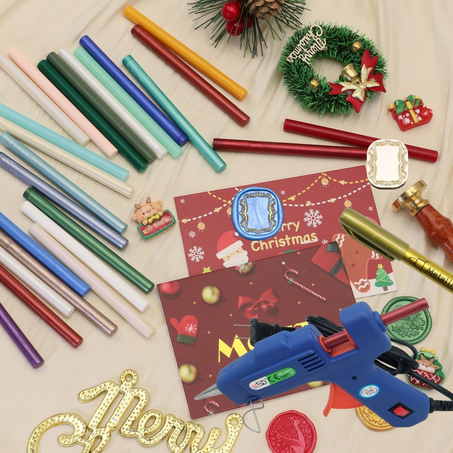 Sealling Wax Sticks Glue Gun Kit, Atopbb 60 Pcs Wax Seal Sticks with 1Pcs Glue Gun 2pcs 3D Frame Seal Stamp, Sealing GlueGun, 2pcs Metallic Pen, Great for Christmas Gift (61)