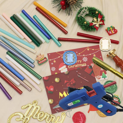 Sealling Wax Sticks Glue Gun Kit, Atopbb 60 Pcs Wax Seal Sticks with 1Pcs Glue Gun 2pcs 3D Frame Seal Stamp, Sealing GlueGun, 2pcs Metallic Pen, Great for Christmas Gift (61)