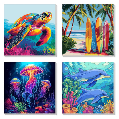 4 Pack Paint by Numbers Kit for Kids Easy Kid Paint by Number Kits Ages 8-12 Beach DIY Painting Kits for Kids Age 4-8 Beginner Paint by Number Canvas with Frame Children Color by Numbers Kit 8x8 Inch