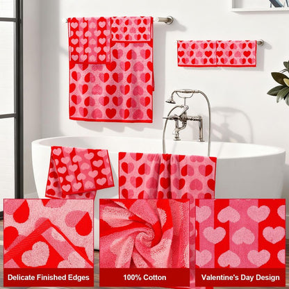 Whaline Valentine's Day Bath Towels Set of 6 Jacquard Cotton Bathroom Towel Red Pink Heart Hand Towel Wash Cloth for Holiday Hand Drying Shower Supplies