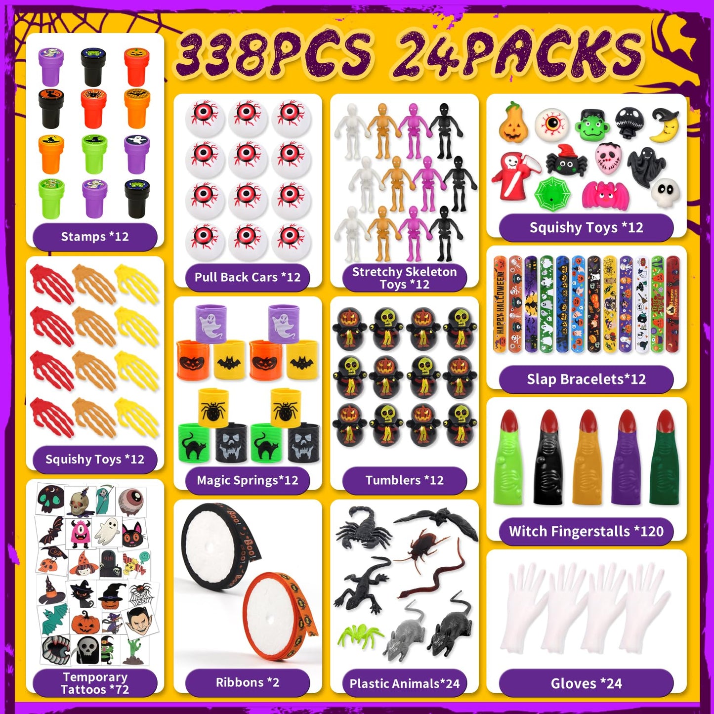 WESAYEE 338 PCS Halloween Party Favors for Kids - 24 Pack Halloween Goodie Bags Stuffer With Glove Treat Bags Fillers, Small Gifts Bulk Toys for Kids Classroom Favors, Party Carnival Prizes