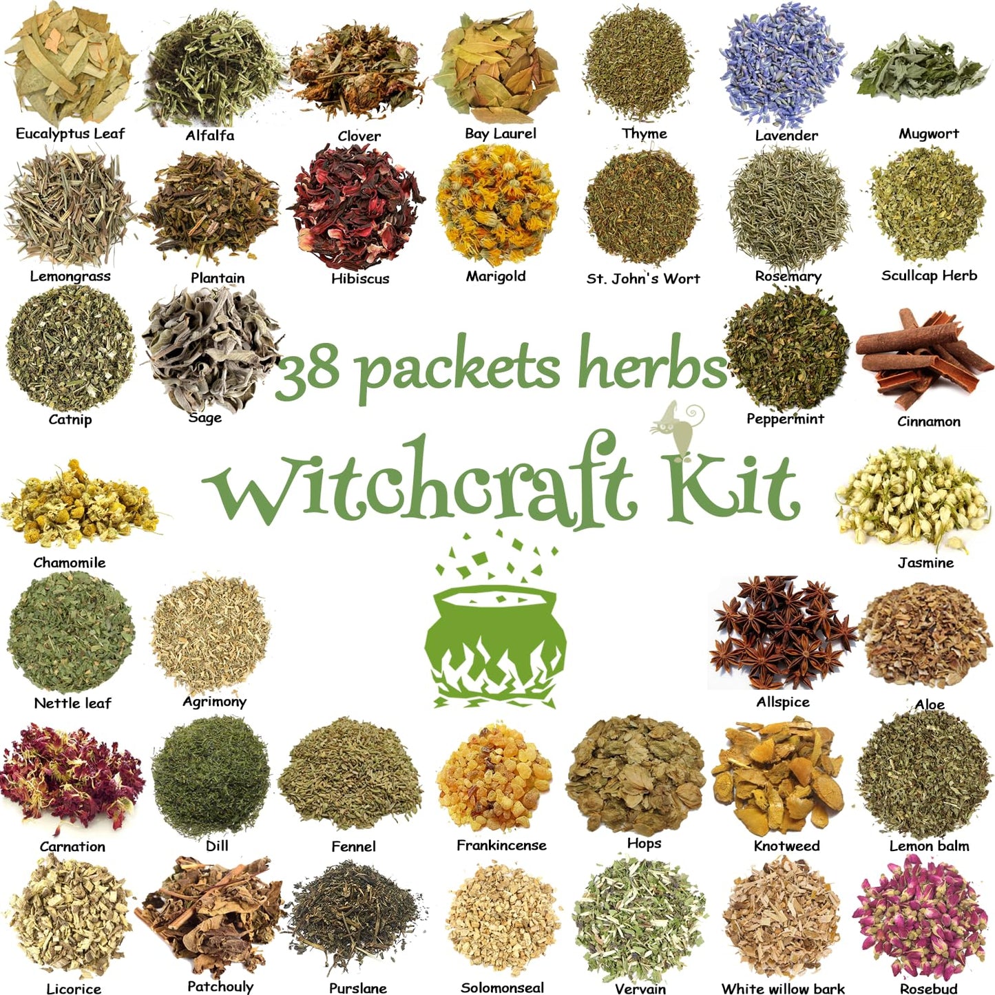38Pcs Set Dried Herbs Witchcraft Supplies kit, Witchy Herbs for Witch Beginner, Wiccan,Wicca Altar Supplies Decor, Pagan, Magic Ritual and Spell, and Soap Making