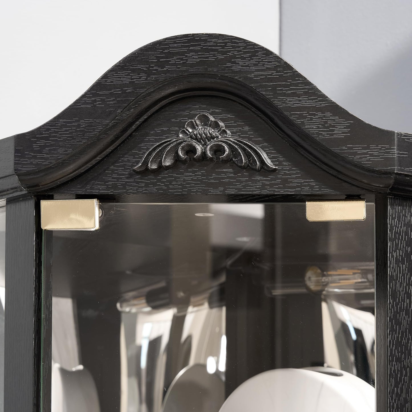 KEIKI 72" Corner Glass Display Cabinet with Adjustable Shelves, for Collectibles, Storage Curio Cabinet with Arched Floral Carving Decoration, 6-Tier Showcase Display Case, for Living Room, Black