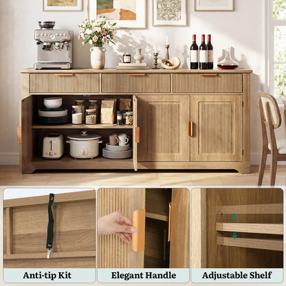 YITAHOME 59" Fluted Sideboard Buffet Cabinet with Storage, Wood Kitchen Storage Cabinet with Adjustable Shelves & Drawers, Mid Century Modern Credenza for Kitchen, Living Room, Entryway (Natural Oak)