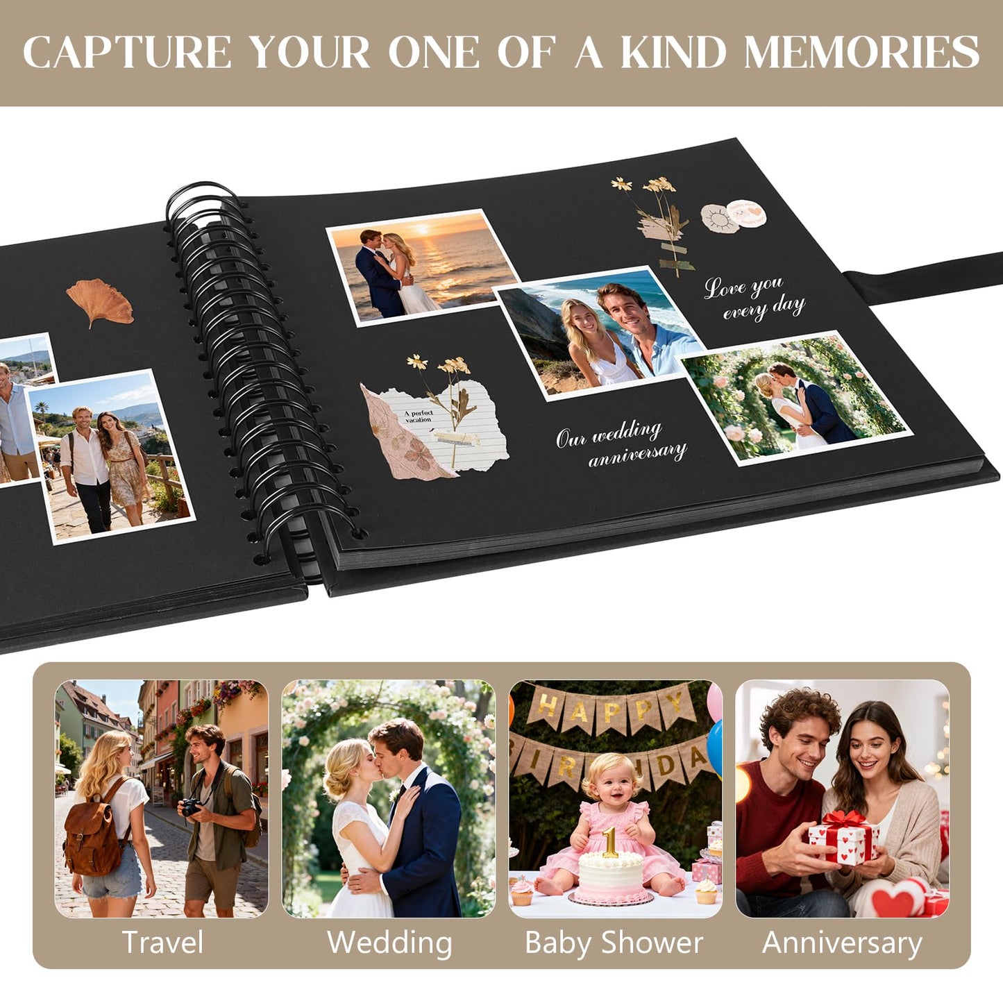 INNOCHEER Photo Album - Self Adhesive 80 Black Pages, Large Scrapbook Wedding Guest Book for DIY Anniversary Travel Memory Scrapbooking (Black 12 x 12)