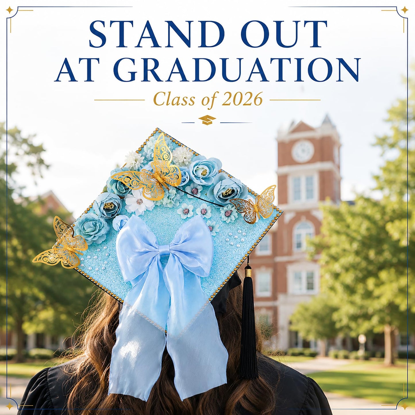 45 PCS DIY Graduation Cap Decoration Kit - 8 Cream Construction Paper with Artificial Flower Heads Bow 3D Butterfly Pearl Adhesive Dots Rhinestone Stickers for Grad Hat Topper DIY (Light Blue)