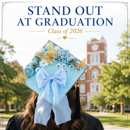 45 PCS DIY Graduation Cap Decoration Kit - 8 Cream Construction Paper with Artificial Flower Heads Bow 3D Butterfly Pearl Adhesive Dots Rhinestone Stickers for Grad Hat Topper DIY (Light Blue)
