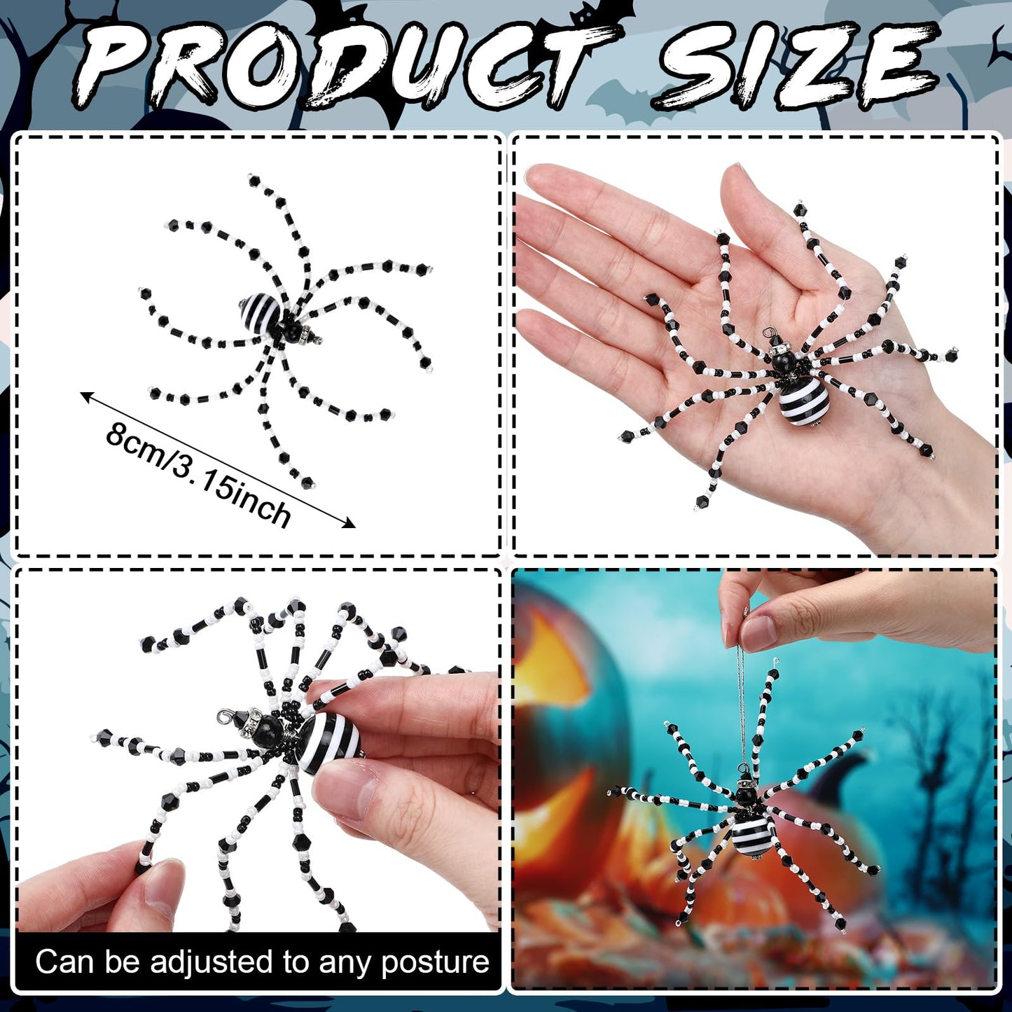 Reallnaive 8 Pcs Black and White Halloween Spider Ornament Beaded Hanging Ornaments Decorations for Halloween Decor Gift