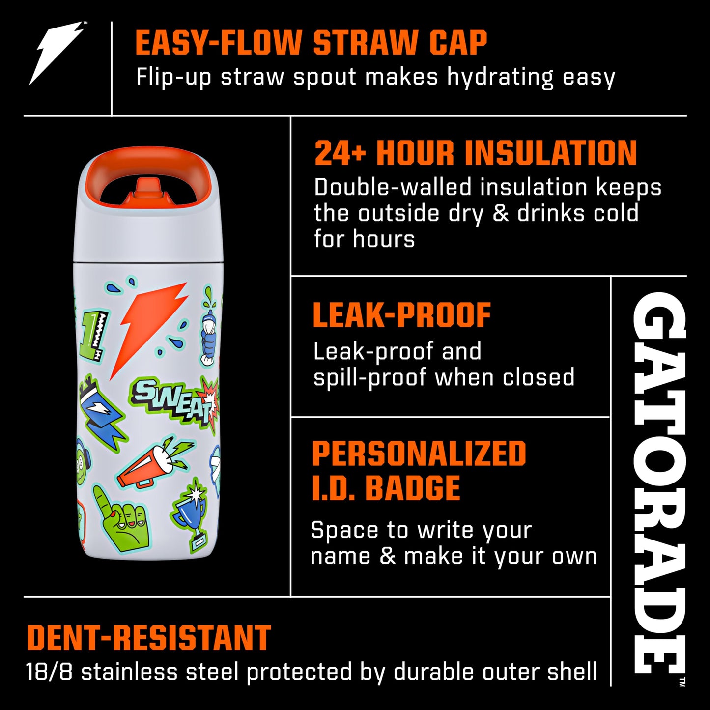 Gatorade Kids' Rookie Metal Water Bottle, 12oz, Stainless Steel Bottle, Double-Wall Insulation, Vacuum Insulated, Thermo Mug