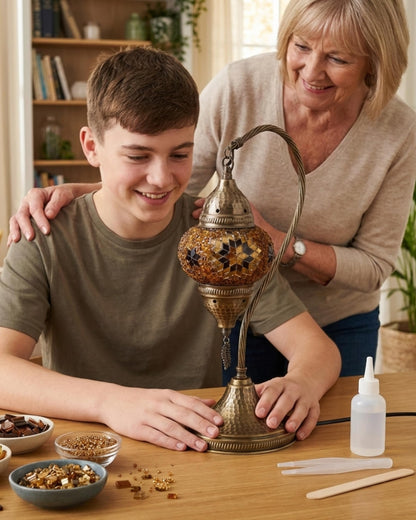 DEMMEX DIY Turkish Moroccan Mosaic Lamp Making Kit – Beginner Friendly Mosaic Art & Craft Project Kit for Adults & Teens – No Grout/Plaster Needed – Fun, Easy, No Experience Required (Brown&Amber)