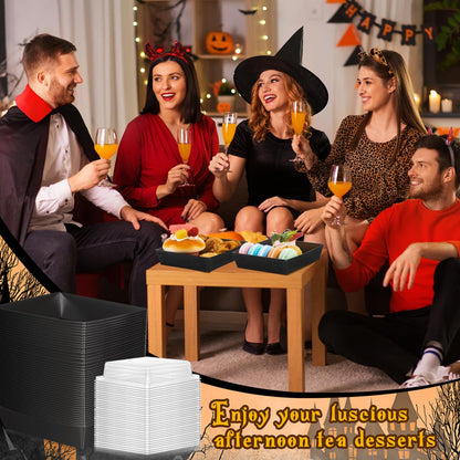 Yaomiao 50 Pcs Halloween Pumpkin Charcuterie Boxes with Clear Lid Rope Card 5.3 Inch Square Disposable Paper Food Containers Bakery Dessert Treat Boxes for Cake Cookie Sandwich Halloween Party Favor