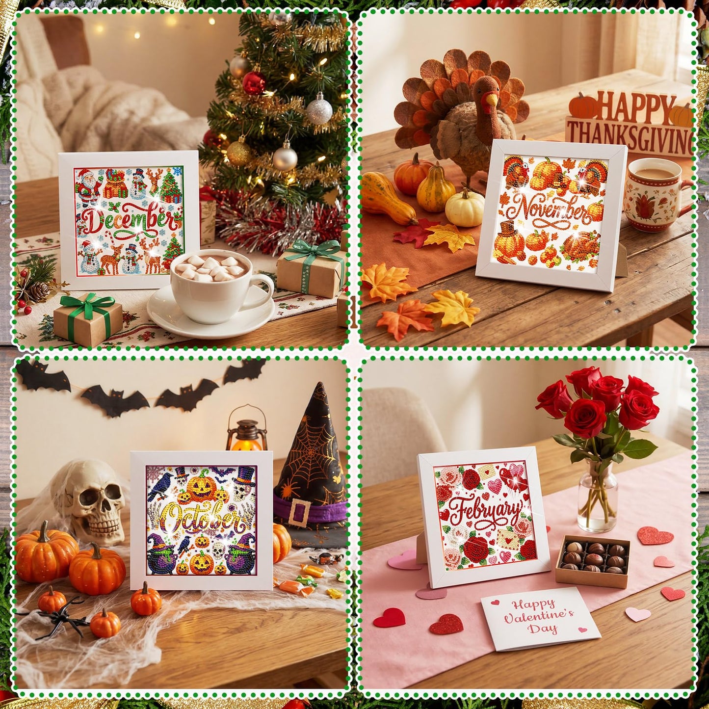 Trandraft 13 Pcs Interchangeable Holiday Diamond Art Kits for Adults 5D Framed Seasonal DIY Diamond Paint with Full Drill Gems for Beginner Monthly Table Craft Gift Decor (Cute Style)