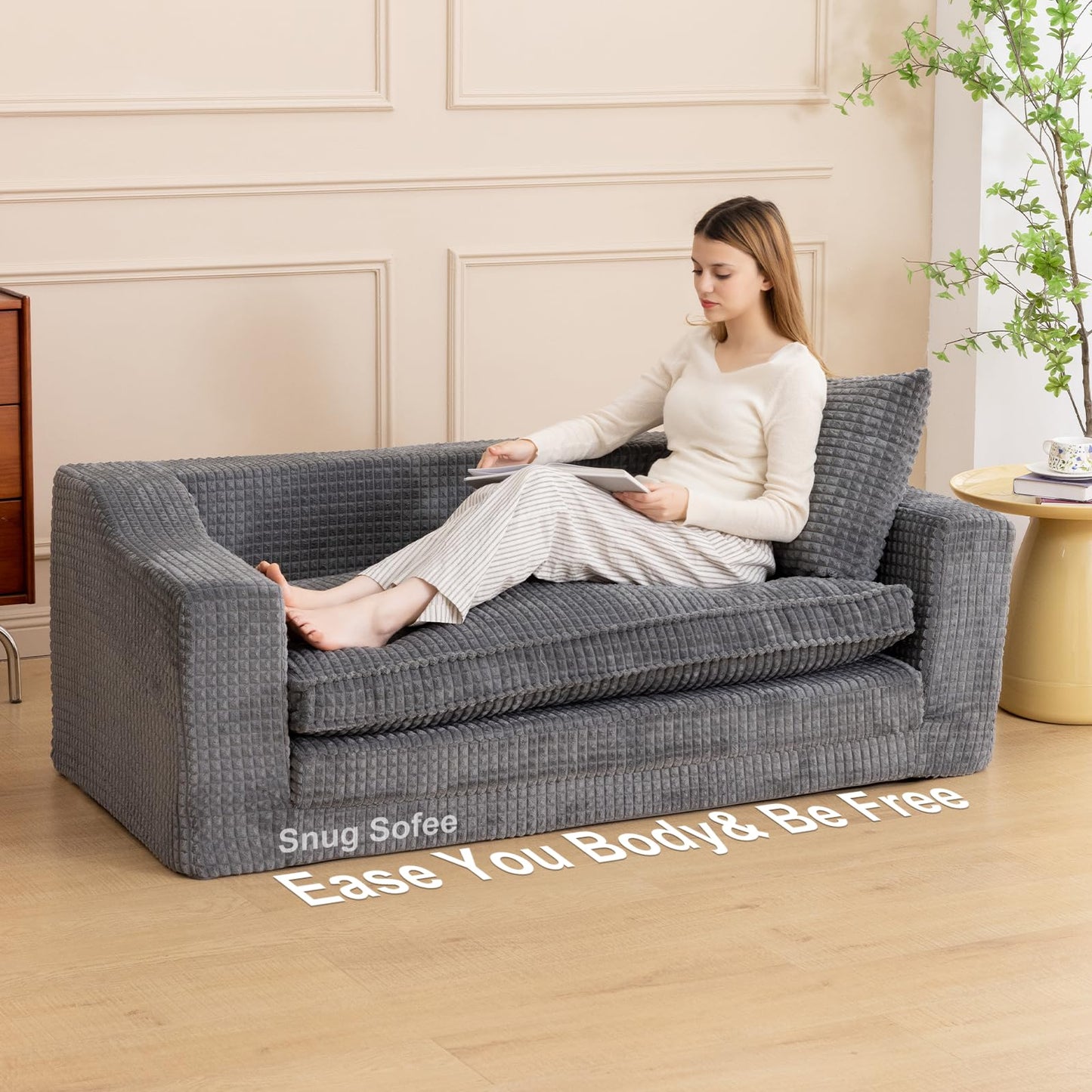 61" Convertible Sofa Bed Loveseat, Memory Foam Boneless Floor Couch with Removable Corduroy Cover, Tri-folding Compact Full-size Sleeper for Small Living Room, Playroom, Guest Room, RV (Dark Gray)