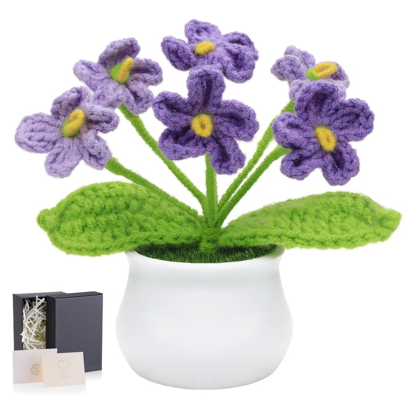 LAIDANLA Crochet Flowers Forget Me Not, Mini Gradient Purple Crochet Flower Potted Plant for Desk, Handmade Anniversary Birthday Graduation Gifts for Women Teacher Mom Friend