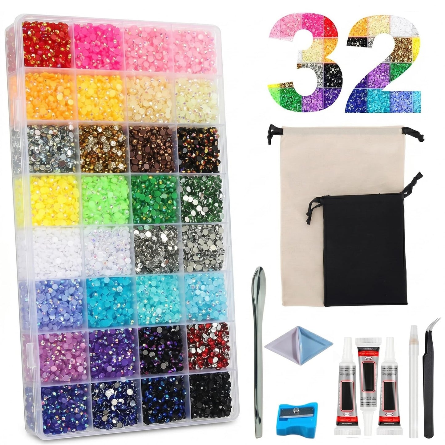 DRZY 38000Pcs Resin Jelly Rhinestones Bedazzling Kit - 32 Colors 3mm Flatback Gems with Glue, Pro Tools & Storage Bags for DIY Crafts, Shoes, Nail Art