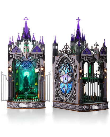 Book Nook Kit for Adults,3D Wooden Puzzle DIY Miniature Booknook Bookend Bookshelf Decor with LED Light,Gothic Castle Bookshelf Insert for Home Decor Gift,3D Wooden Puzzle.