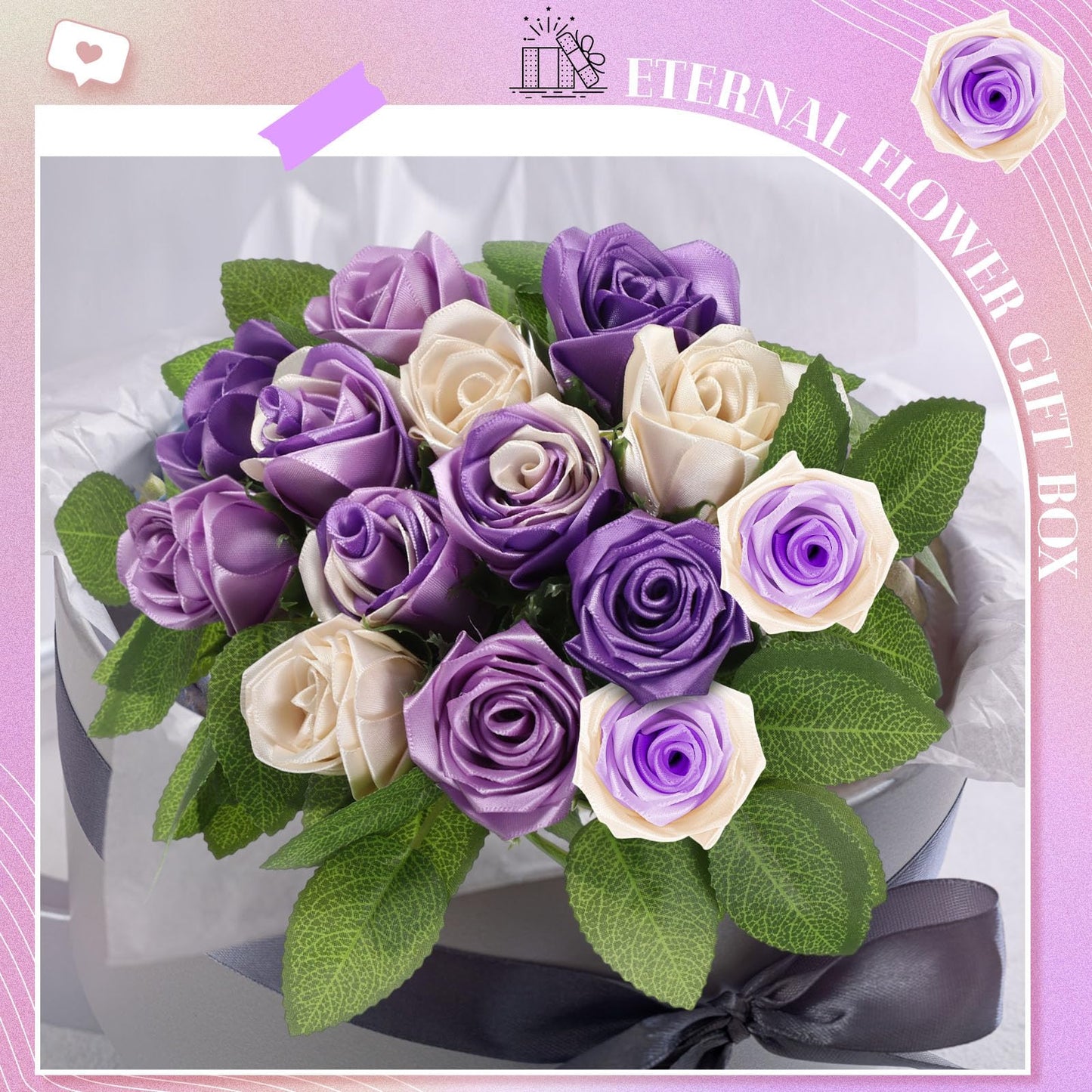 Thiccywoov 360 Pcs Premade Satin Ribbon Rose Petals DIY Kit with Flower Calyx Bases and Leaves Stems Half-Finished for Eternal Rose Flower Bouquet Gift for Anniversary Wedding Birthday(Purple Series)