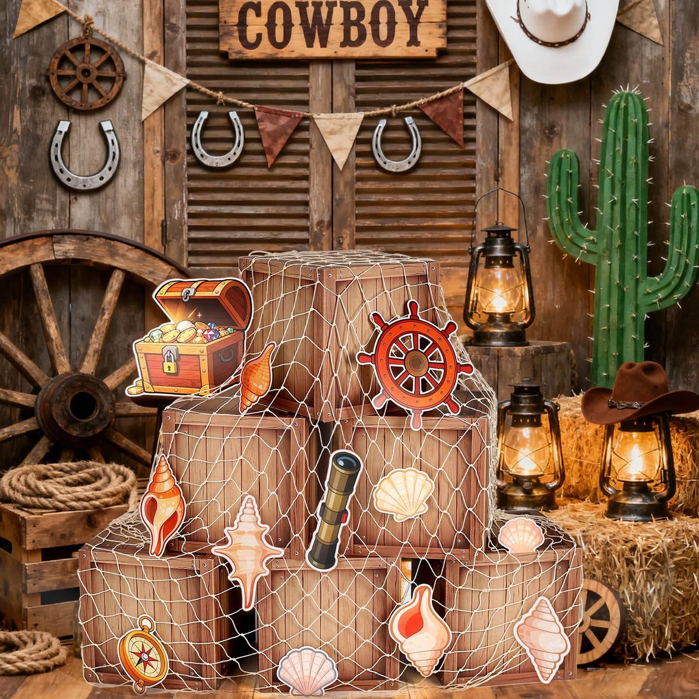 Zeivvnef Pirate Party Decorations Wooden Party Box Western Cowboy Party Decorations - Ocean or Pirate Party Favors Adventure Birthday Photo Booth Props, 6 Pack
