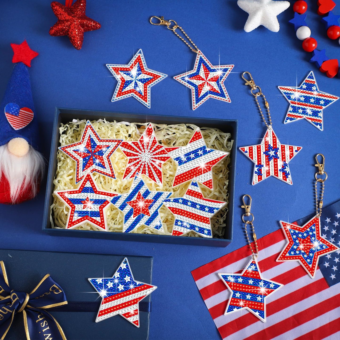 BBTO 15 Pcs 4th of July Star Diamond Art Keychains Patriotic Star Ornaments 250th Anniversary Memorial Day Painting Keychains Red White Blue Independence Day Diamond Art Kits for Kids Adults Crafts