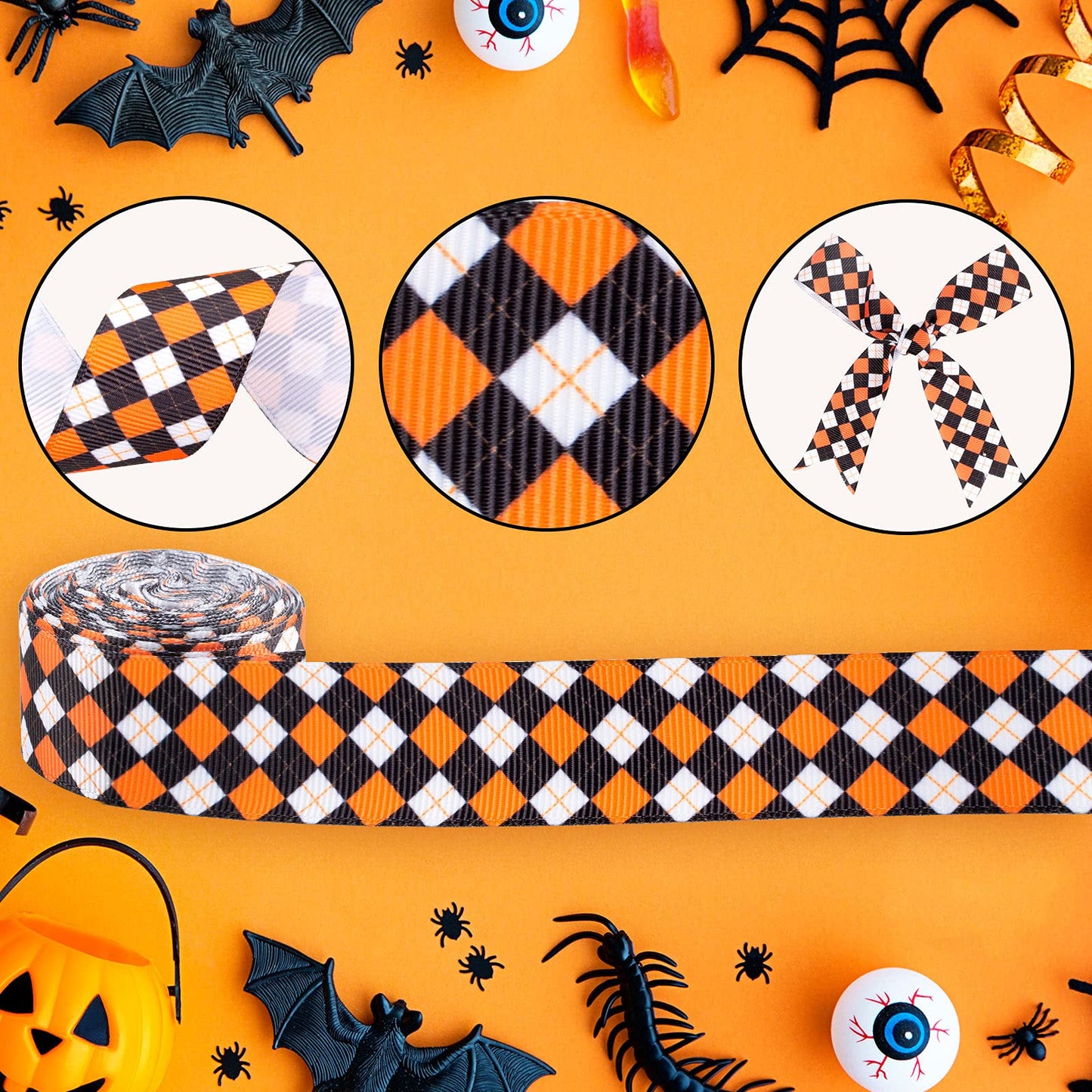 Whaline 6 Roll Halloween Grosgrain Ribbon Geometric Dot Gift Wrapping Ribbon 30 Yard Orange Black White Holiday Craft Ribbon for Halloween Party Decoration Sewing Bow Craft Gift Wrapping