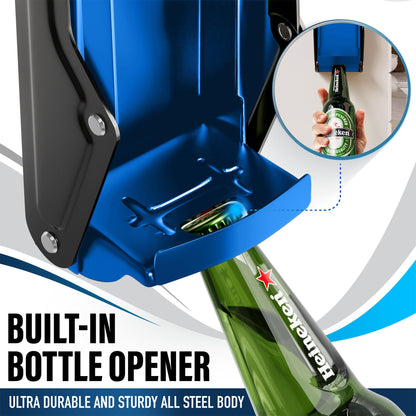 Can Crushers for Recycling - 16 oz Heavy Duty Aluminum Can Crusher Wall Mounted - Soda and Beer Can Smasher for Recycling with Bottle Opener - For 12 and 16 oz Cans - Easy to Install, Blue - RamPro
