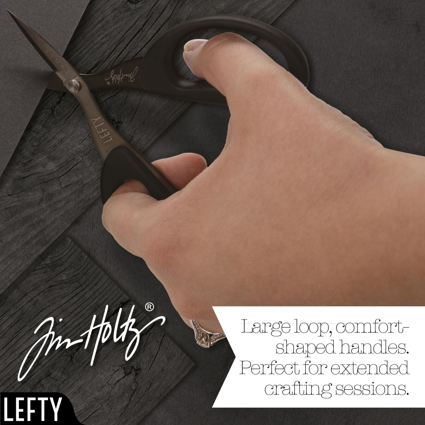 Tim Holtz Left Handed Scissors - 5 Inch Mini Snips with Micro Serrated Blade - Lefty Craft Tool for Cutting Paper, Fabric, and Sewing - Titanium with Black Comfort Grip Handles