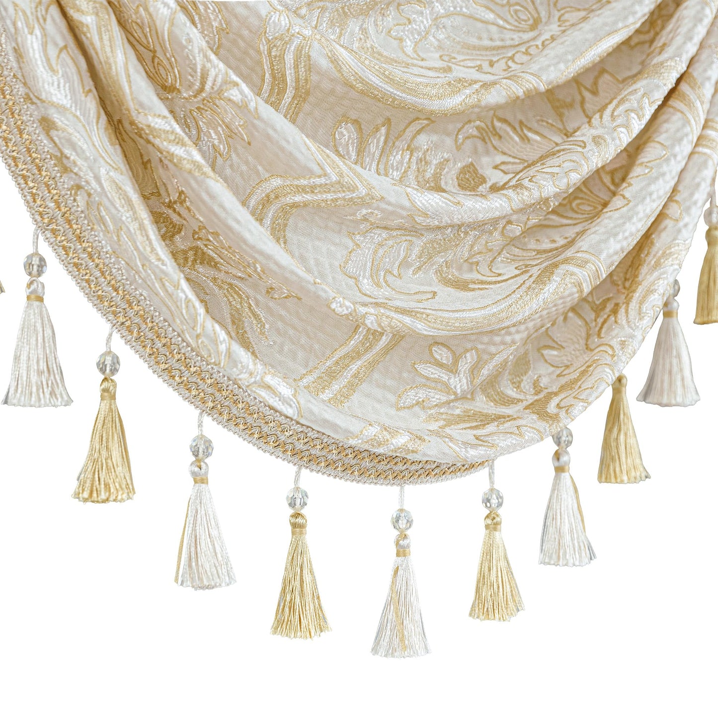 Loom and Mill European Elegant Waterfall Valance for Living Room, Luxury Jacquard Frame Swag Valances with Tassels, Beige Gold Floral Swag Curtains for Bedroom Window Holiday Decor(W59 Inch,1 Panel)
