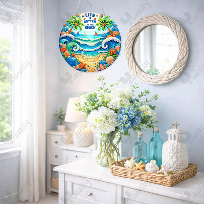 Yunzlly DIY Hanging Diamond Art Pendant Kit, Special Crystal Double Sided Diamonds Painting Ornament Kit for Adults, Acrylic Gem Painting Board for Window&Door&Wall (Beach)