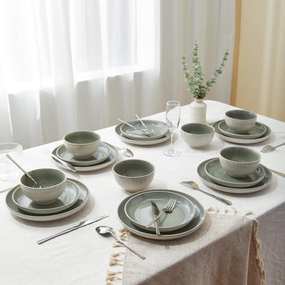 Pokini Stoneware Dinnerware Sets Service for 12, 36 pcs Reactive Glaze Plates and Bowls Sets, Handmade Ceramic Dish Set, Highly Chip and Crack Resistant Modern Plate Set, Gradient Green