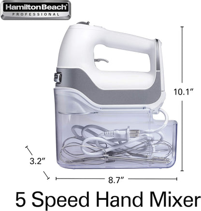 Hamilton Beach Professional 5-Speed Electric Hand Mixer, High-Performance DC Motor, White with Storage Case